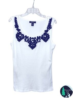 Style & Co. Tank Top Cami Crochet Trim Neckline White Navy Blue Womens Large EUC